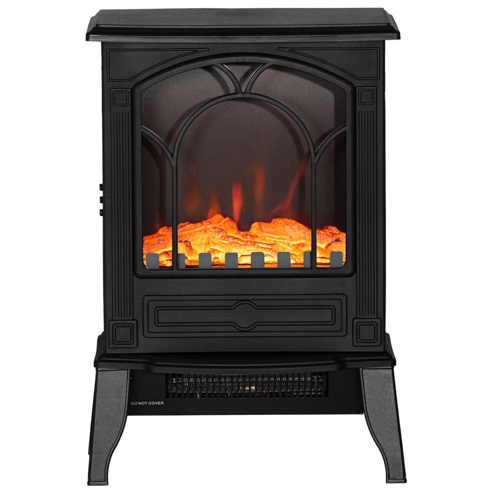Electric Fireplace Heater Freestanding Stove with Realistic Flame Effect Overheat Protection 725W/1450W Power Black Finish