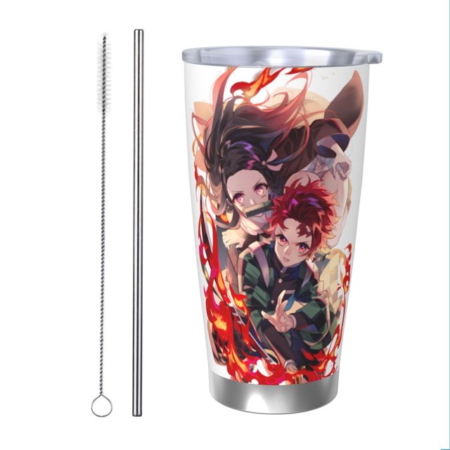 vaso de 20 oz demon slayer kimetsu no yaiba, taza de viaje de café con aislamiento al vacío de acero inoxidable con diseño de personajes, vista frontal de la taza cónica con tapa, impresión en tonos rojo y verde, base de acero inoxidable que no se raya, incluye pajita metálica y cepillo limpiador; buen sellado, boquilla para beber directa o uso con pajita, adecuada para cafetería, oficina y exteriores.