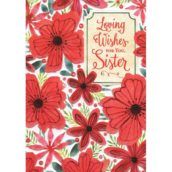 Designer Greetings Large Red and Black Sparkling Flowers : Loving Wishes Sister Christmas Card