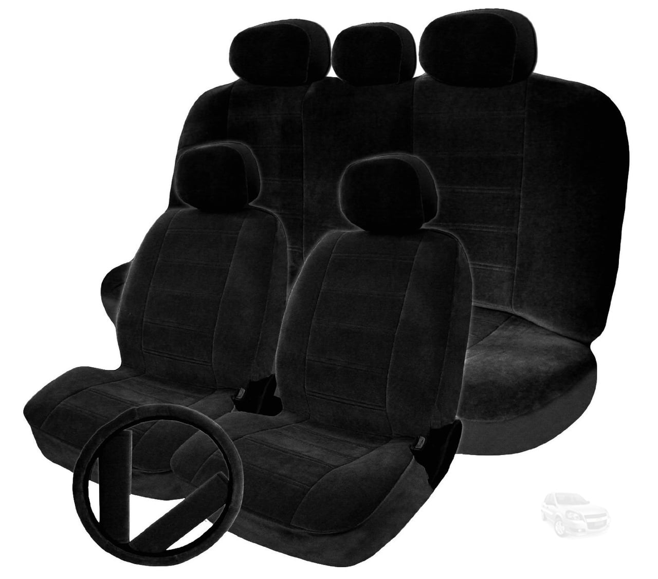 New Semi Custom Premium Grade Black Velour Car Seat and Steering Wheel