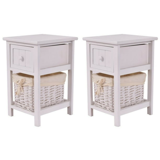 Costway Set Of 2 Mini Night Stand 2 Layer 1 Drawer Bedside End Table Organizer Wood W Basket Walmart Com Walmart Com