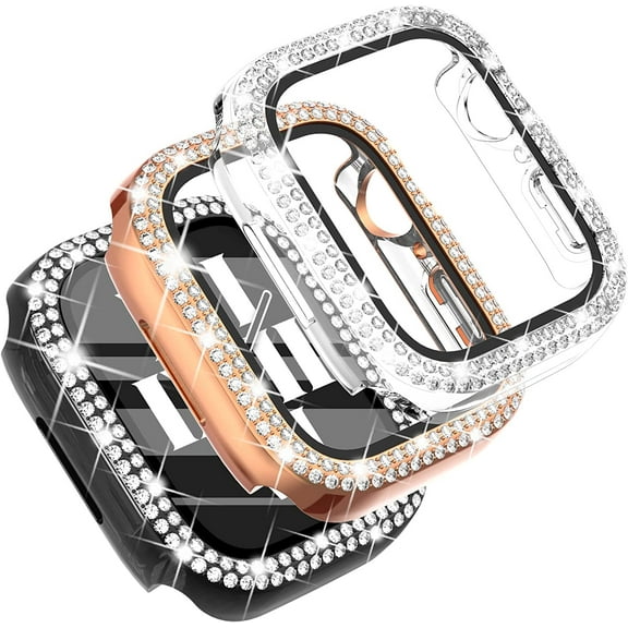 3-Pack Crystal Rhinestone Bumper Case Compatible with Apple Watch Series 6 5 4 3 2 1 SE Screen Protector with Tempered Glass Bling Face Cover Sparkling Frame(44mm, Black/Rosegold/Clear)