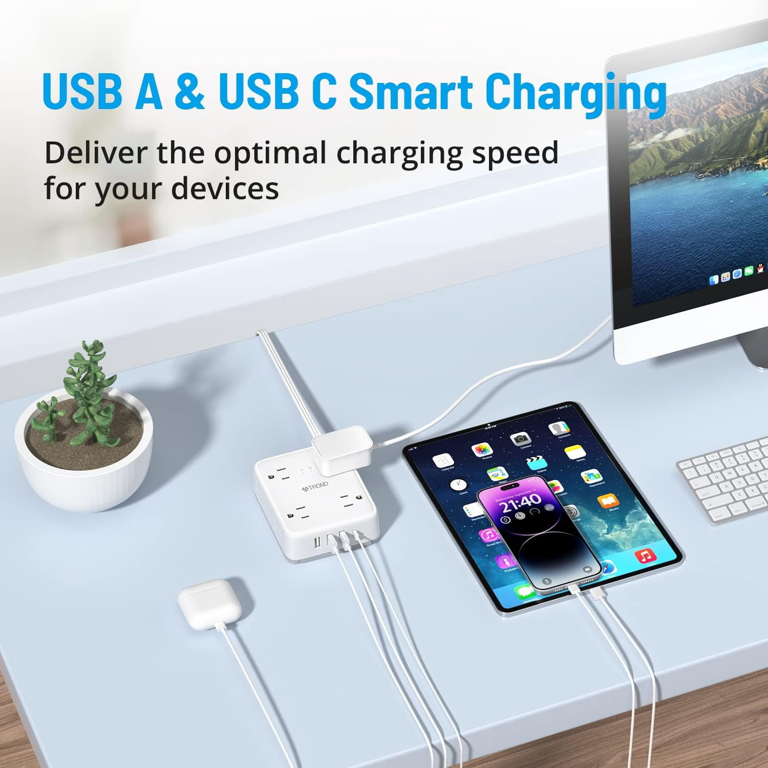 TROND Surge Protector Power Strip - 13 Outlets With Wide Spacing & 20W USB-C, Wall Mountable