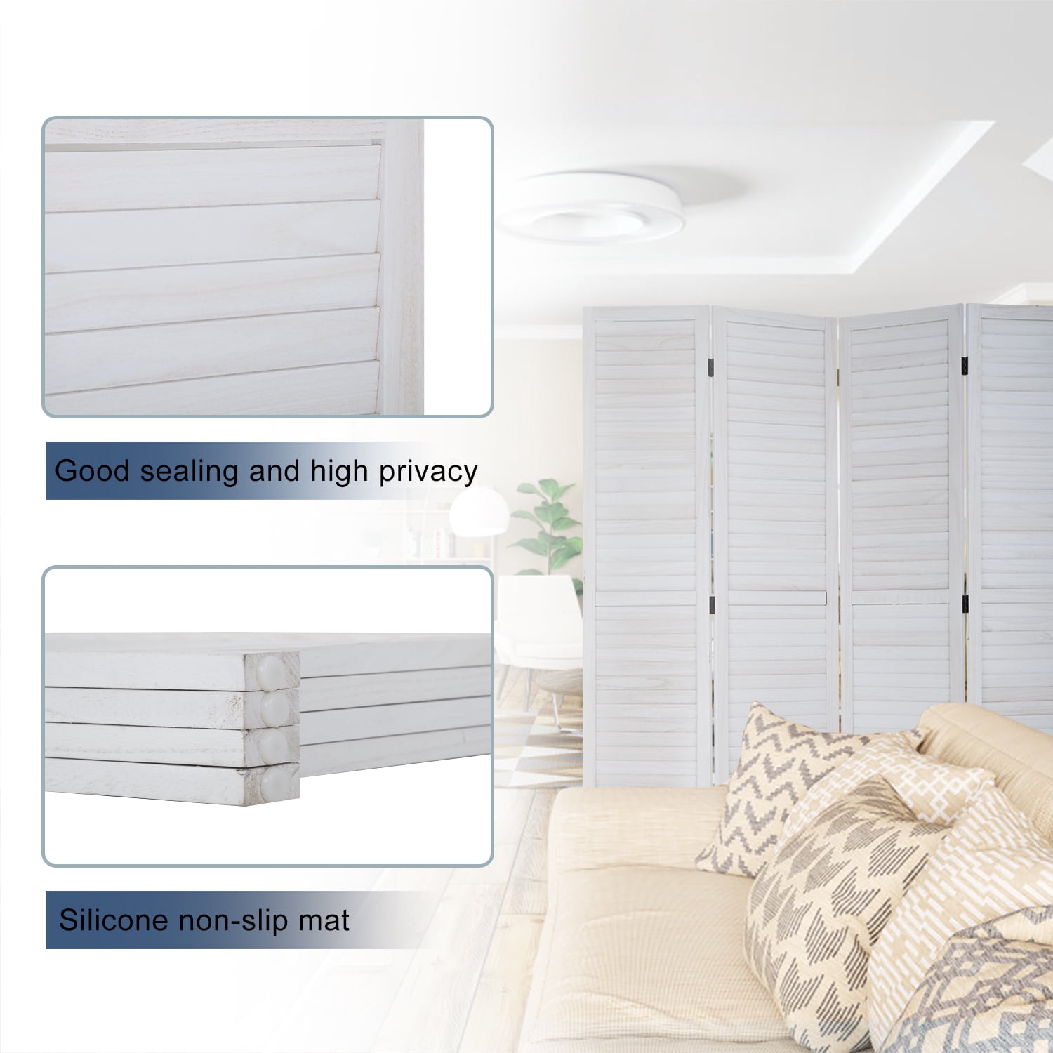 NiamVelo 4 Panel Wood Room Divider Folding Privacy Screen Freestanding Wall Divider for Home Office, White