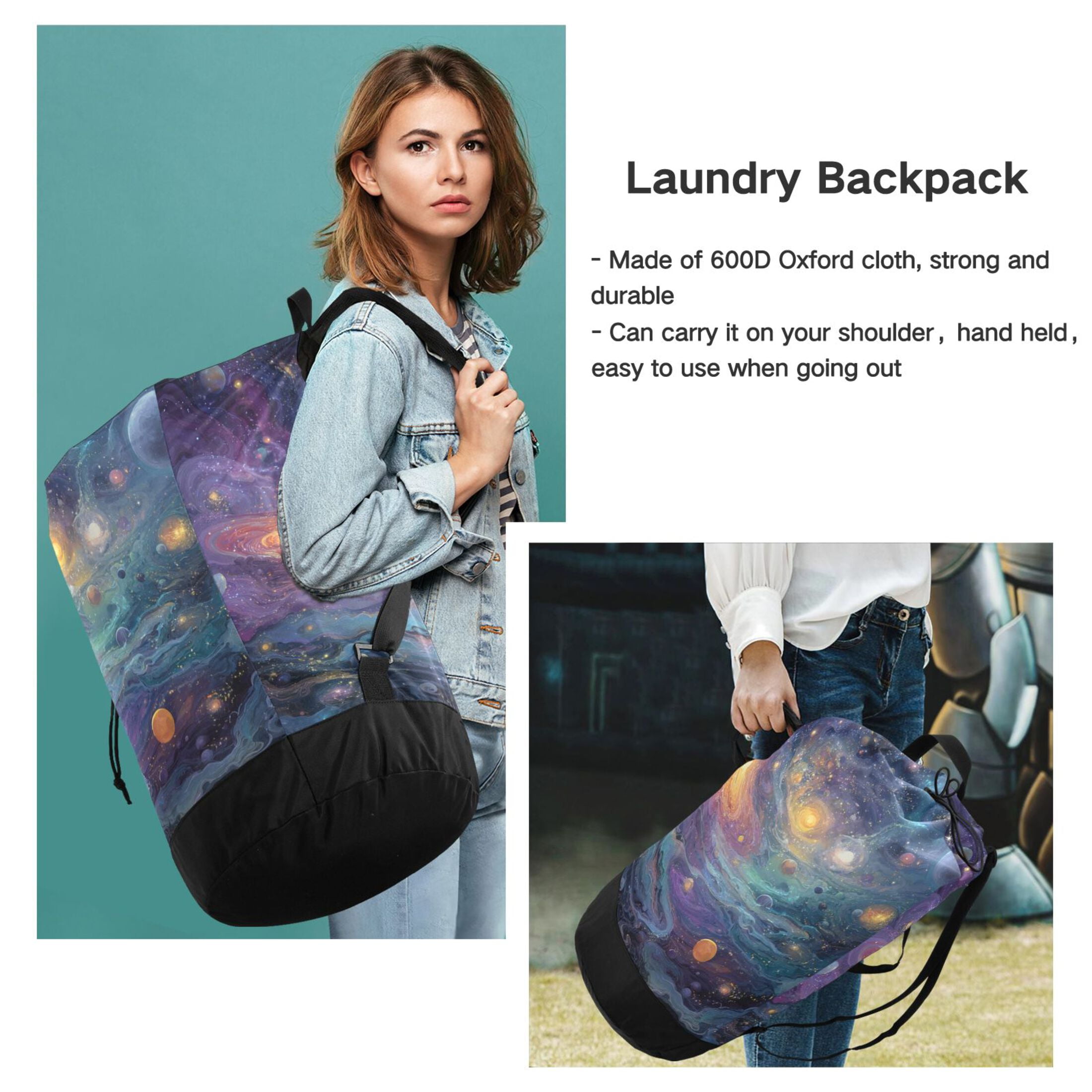 14.5x29.3in Laundry Backpack Bag with Drawstring & Adjustable Straps Heavy-Duty Wash Bag for Travel Storage Camping Vibrant and Colorful Universe