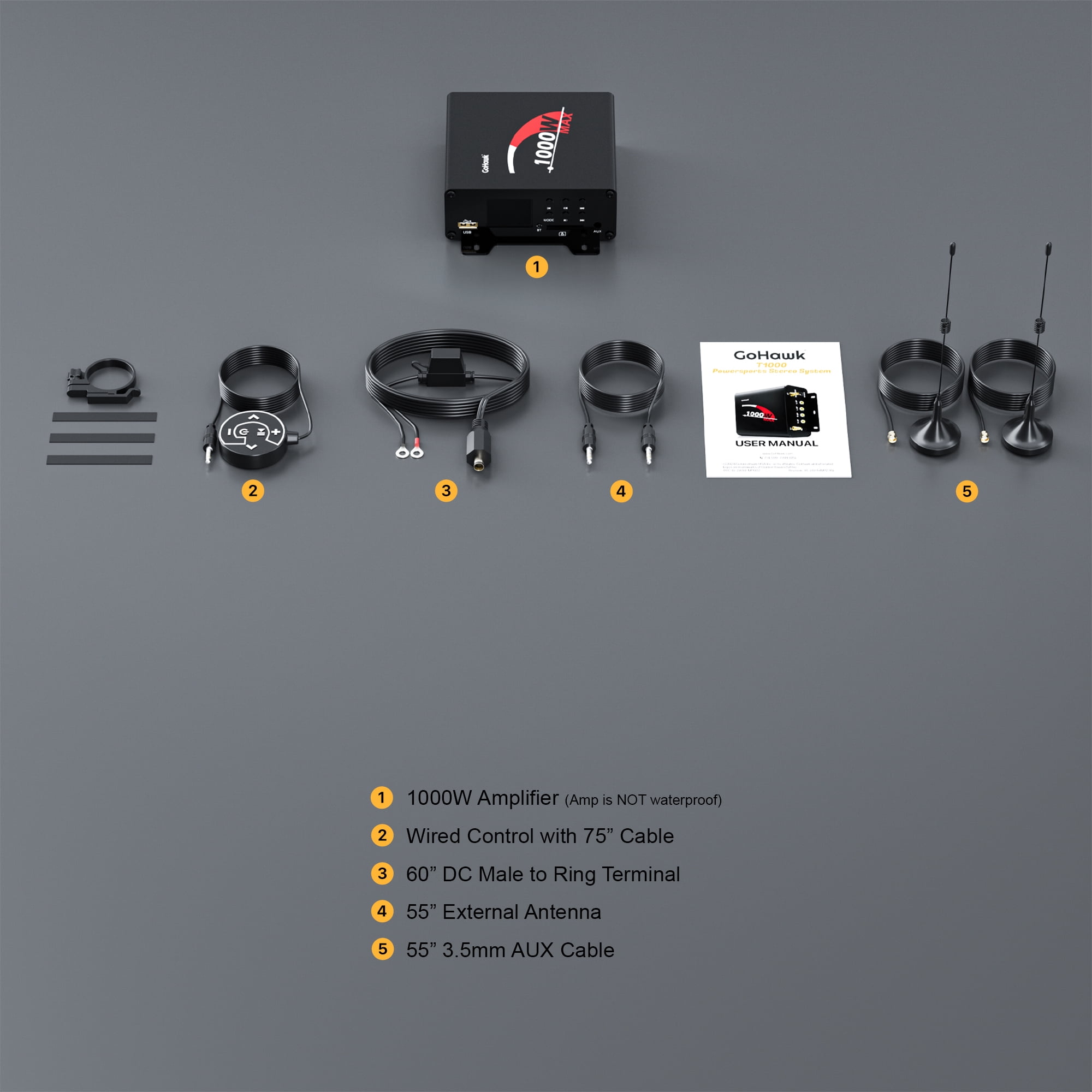 GoHawk T1000 4 Channel Amplifier Bluetooth Stereo Audio System USB FM Radio for Harley Touring Motorcycle ATV UTV