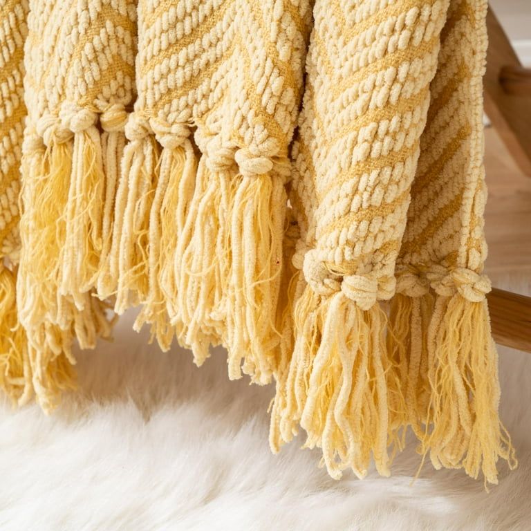 Battilo Mustard Throw Blanket Knit Woven Blanket Warm Decorative Pale Yellow Throw Housewarming Gifts 50