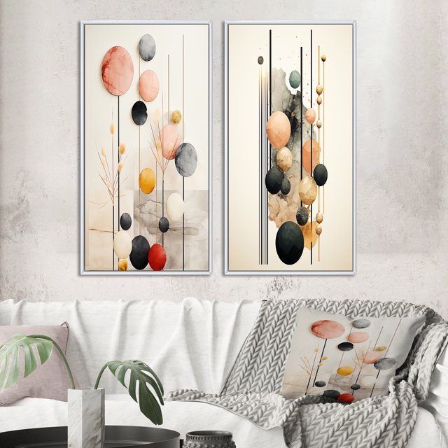 Designart "Retro Pastel Opulence Circular Geometry II" Modern Geometric Framed Wall Art Set Of 2 - Modern Black Gallery Wall Frame Set For Home Decor