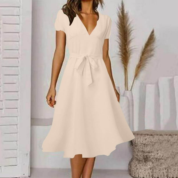 Oplxuo Women's V-Neck Flowy Midi Dress Short Sleeve Elegant Summer Wedding Guest Cocktail Dresses with Belt, Size: XL, Beige Oplxuo Women's V-Neck Flowy Midi Dress Short Sleeve Elegant Summer Wedding Guest Cocktail Dresses with Belt, Size: XL, Beige