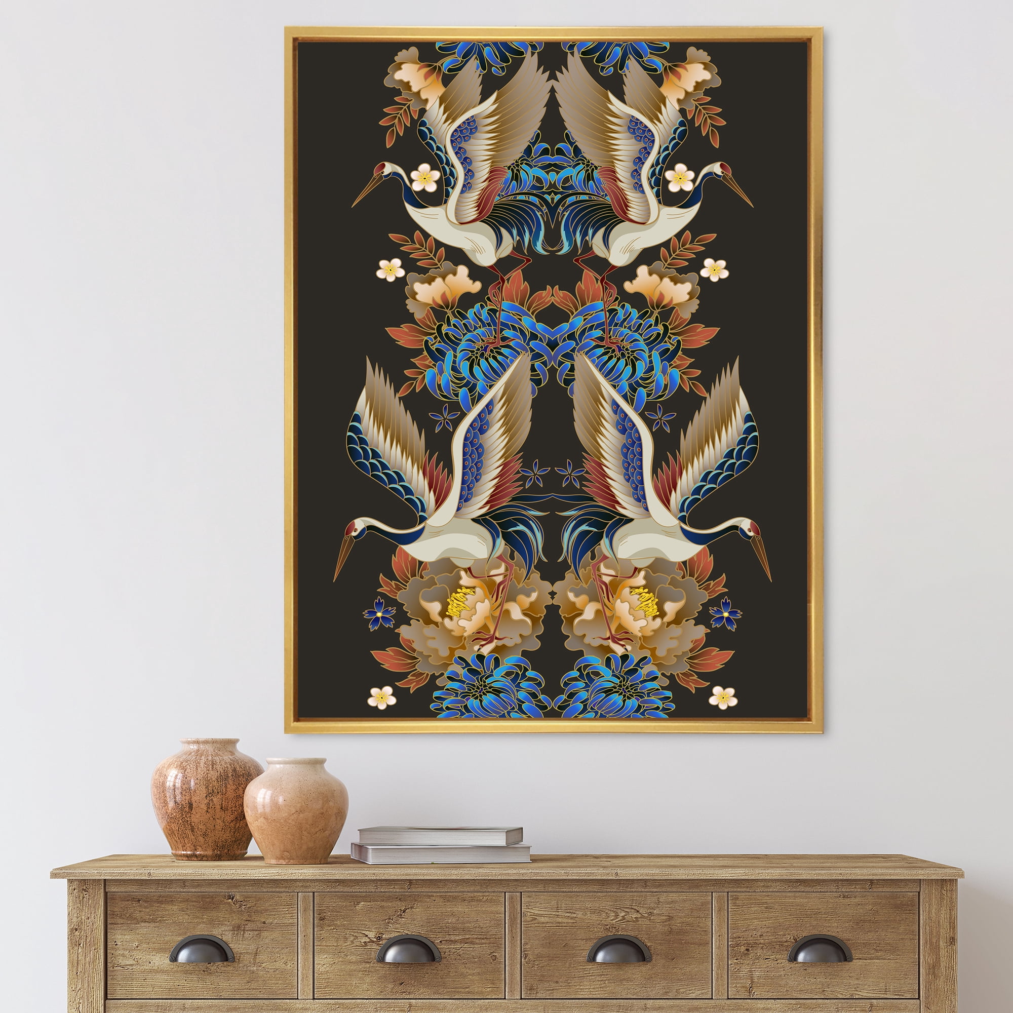 Designart 'Chinoiserie With Peonies and Birds IX' Traditional Framed Canvas Wall Art Print