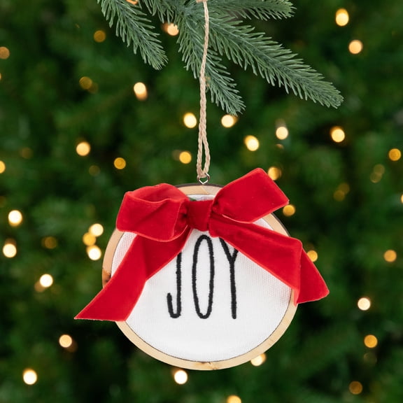 Northlight Embroidered Joy with Bow Wooden Disc Christmas Ornament - 4.5" - Red and White