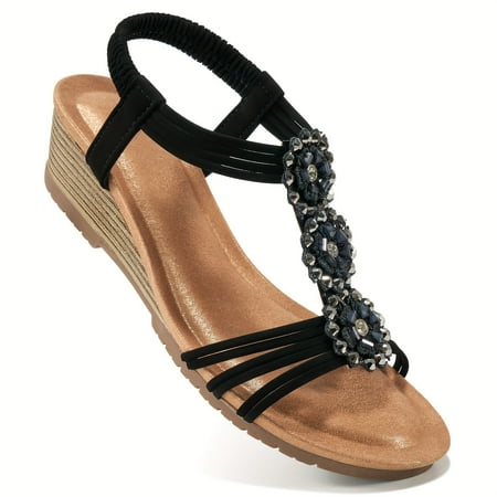 

Women s Boho Style Wedge Sandals Summer Elastic Strap Slip On Shoes All-Match Beach Vacation Sandals