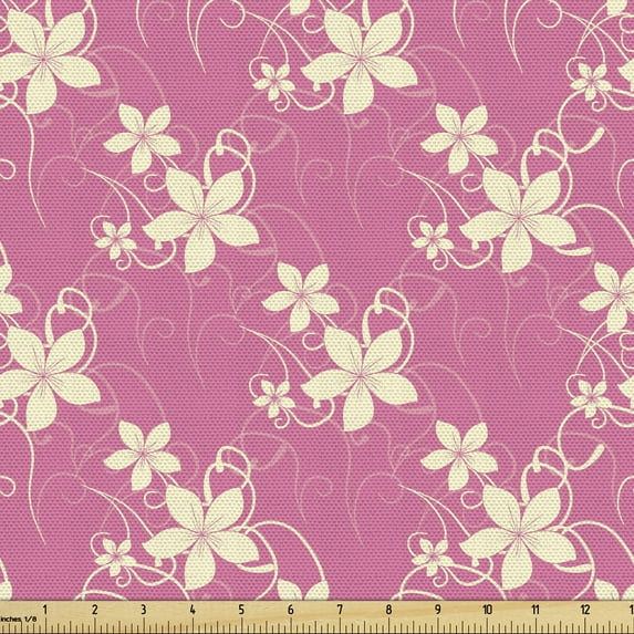 Floral Fabric by the Yard Upholstery, Romantic Abstract Spring Blooming Flowers Petals Curly Ivy Branches Pattern, Decorative Fabric for DIY and Home Accents, Pink and Cream by Ambesonne