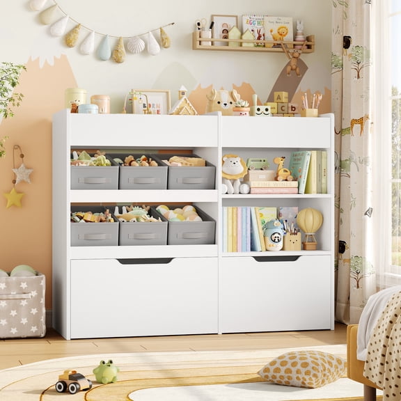 Hiphuta Toy Storage Organizer with 2 Large Movable Drawers, 3-Tier Kid Bookcase with 6 Storage Bins, for Kid Bedroom Playroom, White