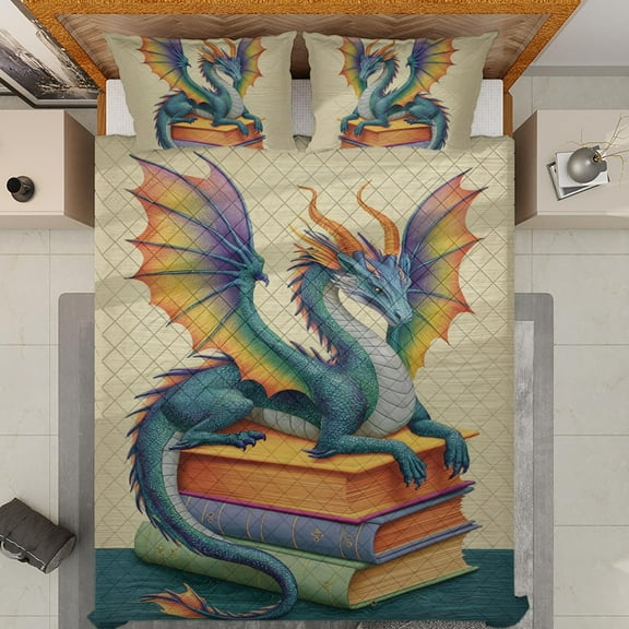 Lotusprinthandmade Dragon With Books Quilt Bedding Set (White Binding) 5 Sizes (Made in Vietnam) (55x60), Fantasy Dragon Quilt Set