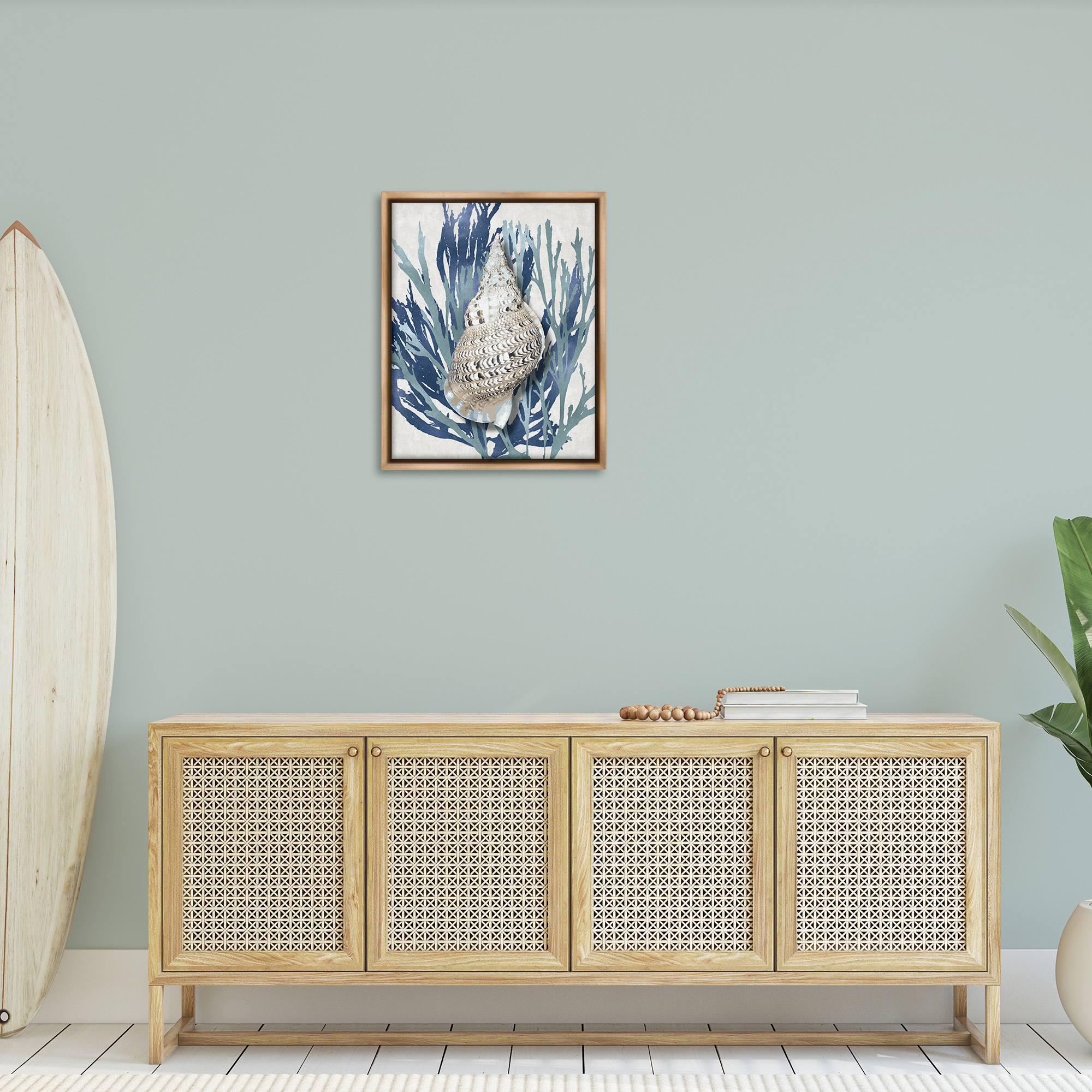 Stupell Industries Shell Coral Blue Beach Design Nature Painting Brown Floater Framed Canvas Art Print Wall Art, 25 x 31