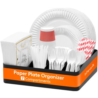 Hordely Metal Paper Plate Holder & Dispenser | 6-Compartment Organizer For Parties, Kitchen, BBQ - Black