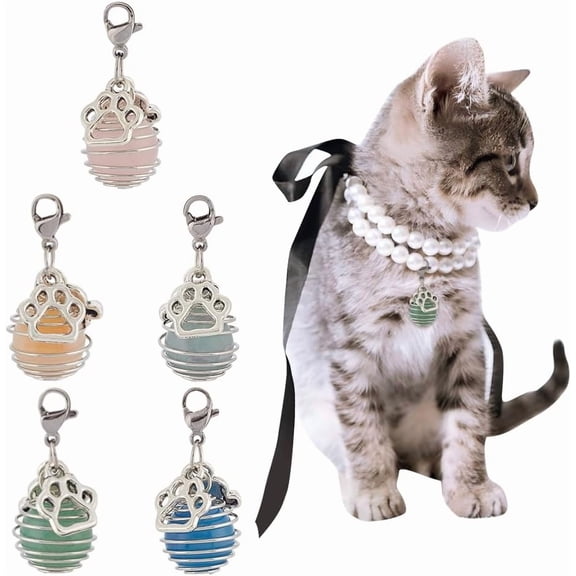 1set 5pcs 5 colors Mixed Stone Round Bead Pet Collar Decoration with Alloy Lobster Claw Clasps and Paw Print Charm Antique Silver 30mm