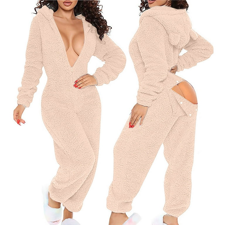 Klap Het apparaat Uitrusten Women Zip-up Onesie Sherpa Lined Hoodie Plush Long Sleeve Pajama One Piece  Bodysuits Sleepwear Jumpsuit Butt Flap - Walmart.com