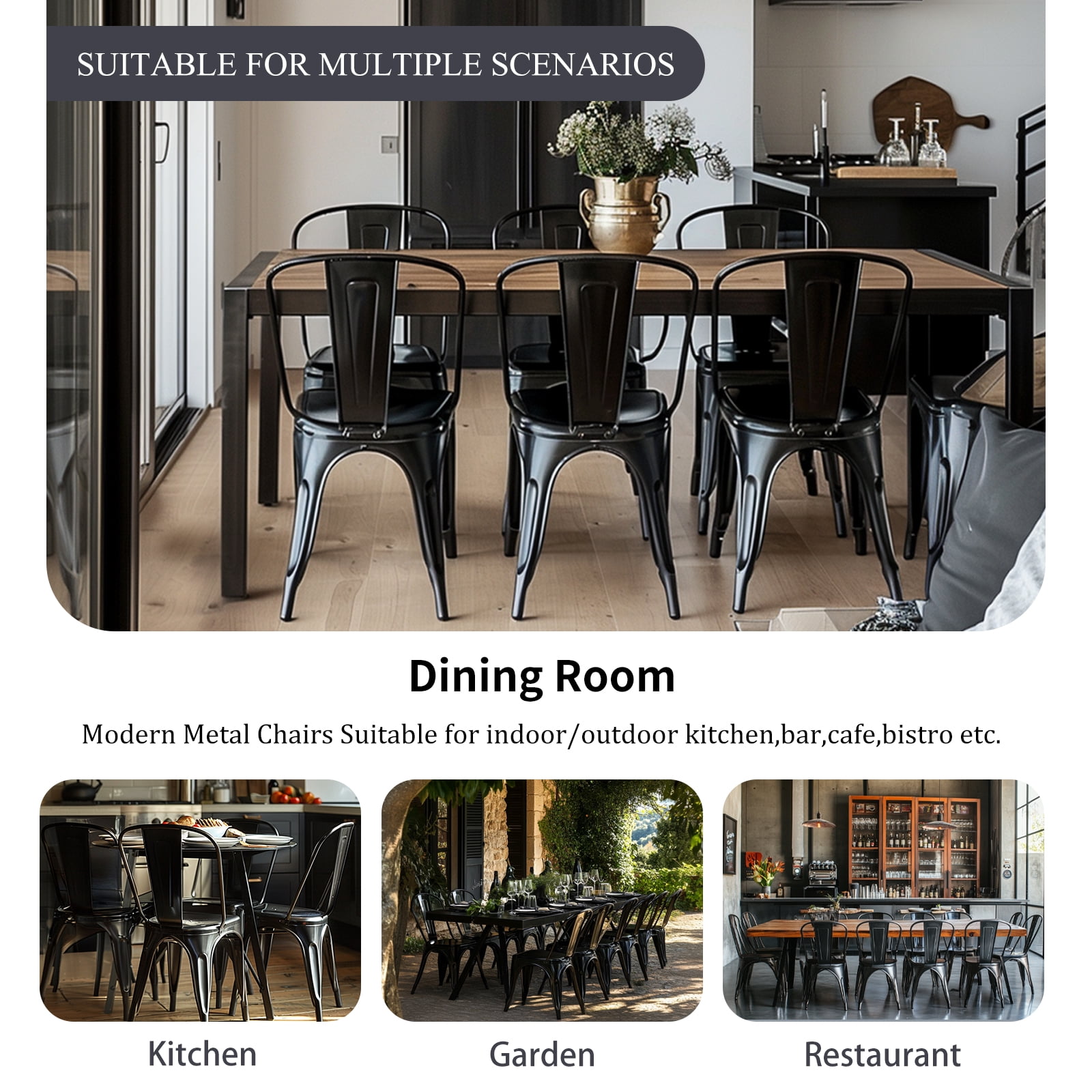 SOLEGGIATA Metal Dining Chairs Set Of 4 Stackable Tolix Style Indoor Outdoor Patio Kitchen Obsidian Black