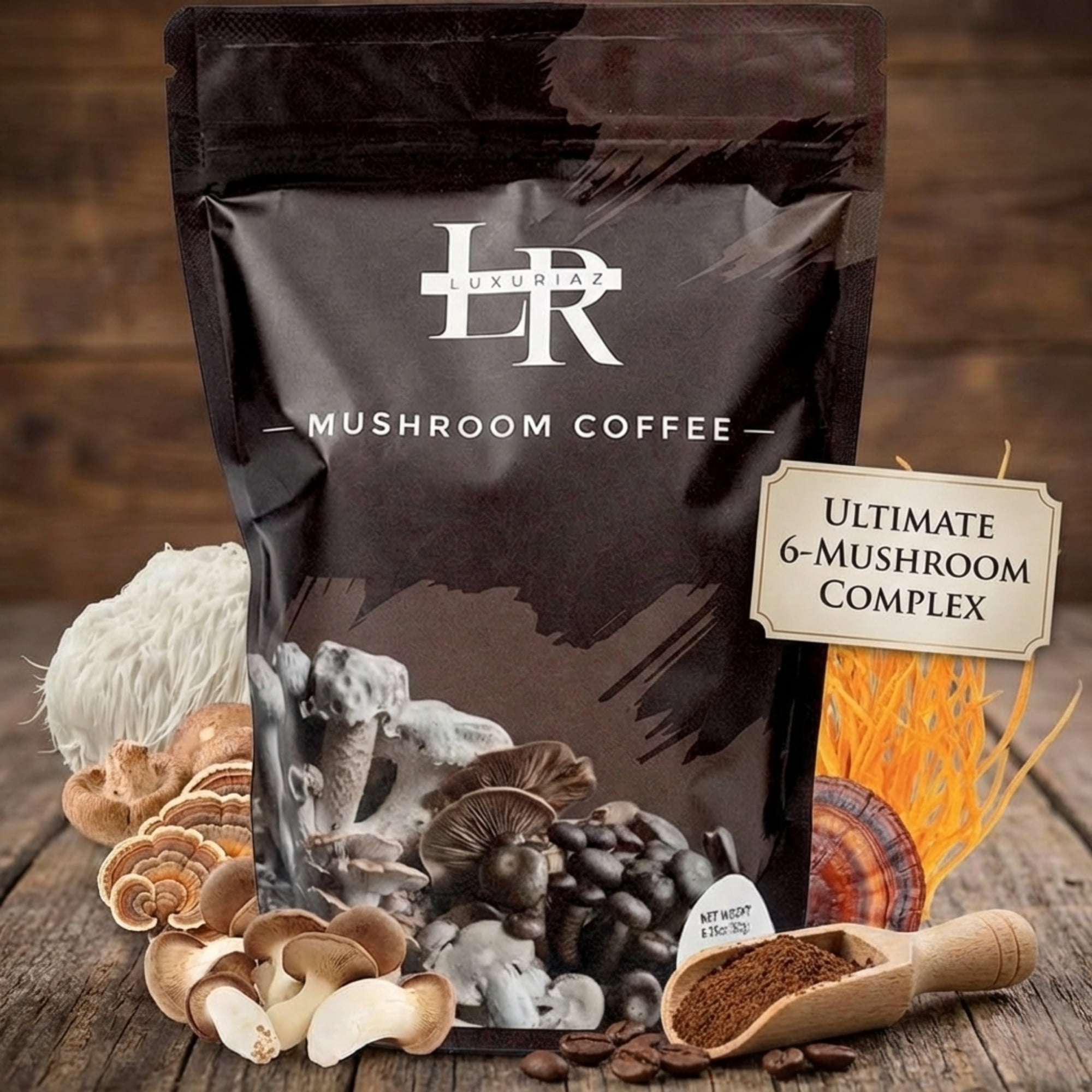 Luxuriaz Instant Mushroom Coffee (30 Servings) – USDA Organic 6-Mushroom Blend with Lion's Mane, Reishi & Cordyceps for Focus, 180g