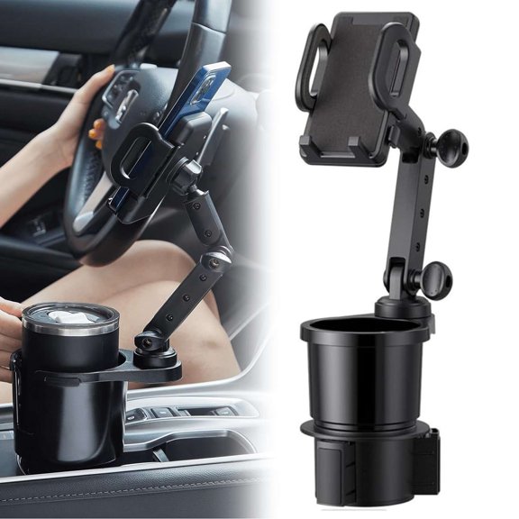 Puseky Car Cup Holder with Phone Mount, 2-in-1 Cell Phone Cup Holder Adapter with 360° Rotating Base, Fits Any Smartphone and Most Bottles (Black)