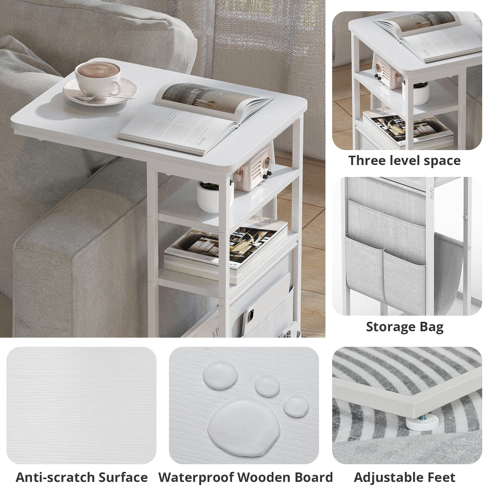 ZEXVIDA C Shaped Side Table, 3 Tier Sofa End Tables with Storage Bag, Sturdy Slide Under Sofa Slim Side Tables with Metal Frame for Small Spaces, Living Room, Bedroom, Industrial (White)