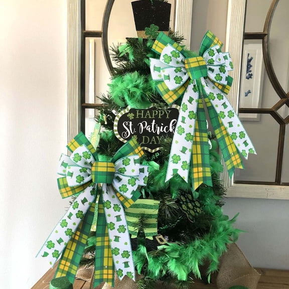 SDJMa 2 Pack St. Patricks Day Shamrock Bows, 8.66"x13.78" Large Ribbon Bow for Tree Wreath Irish Holiday Party Decorations