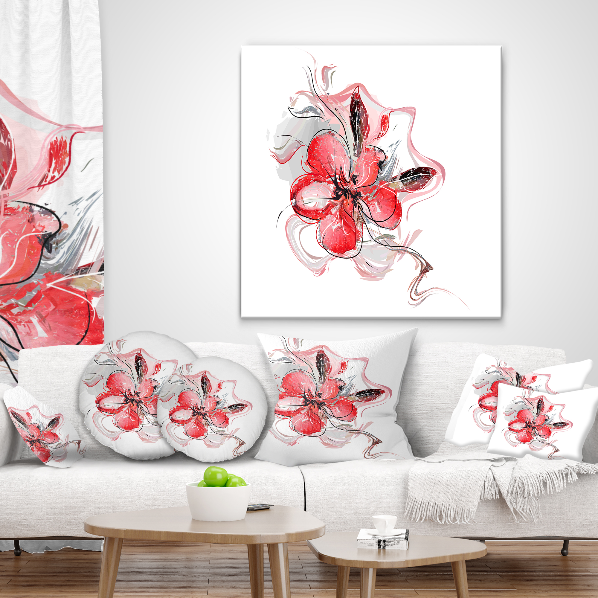 Designart Red Floral Watercolor Sketch - Animal Throw Pillow - 18x18