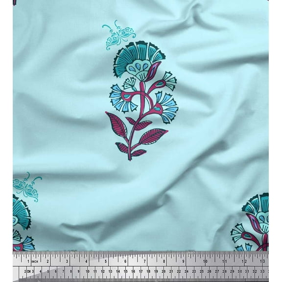 Soimoi Green Cotton Duck Fabric Insect,Leaves & Floral Block Printed Fabric 1 Yard 42 Inch Wide