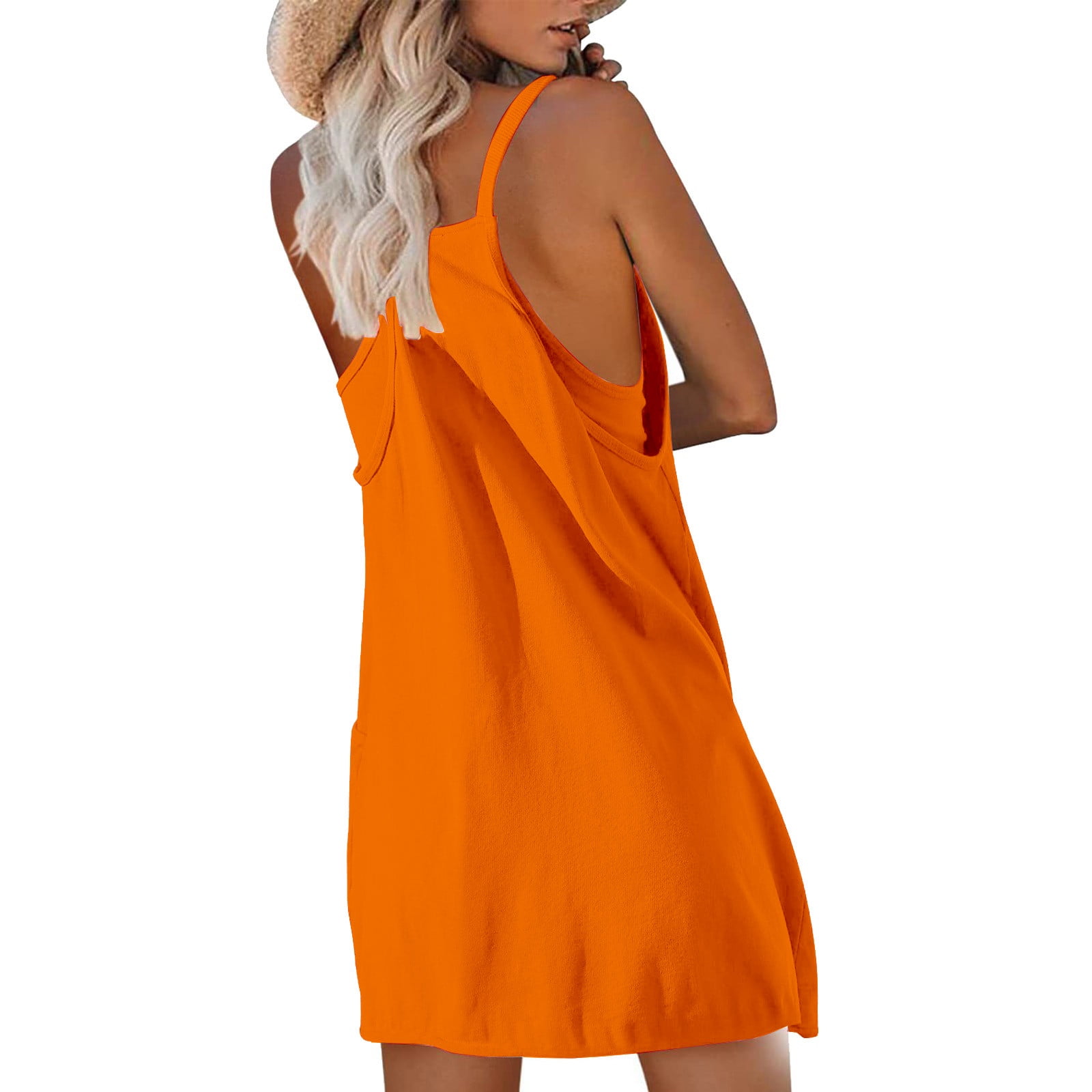 Hueook Summer Cami Strap Rompers for Women One Piece Jumpsuits Loose Fit Bodysuit Shorts Women's Summer Comfortable Casual Suspender Shorts Pocket Jumpsuit Shorts Orange 2X