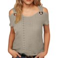 thumbnail image 2 of Brown Womens Tops Summer Tops for Women 2025 Eyelet Cold Shoulder Short Sleeve T Shirts Solid Casual Ring Hollow Top Basic Shirts Tees Shirts for Women, 2 of 6