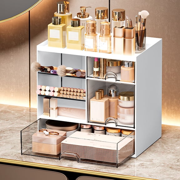 Sunfenle Skincare Organizer Multifunctional Plastic Skincare Display Case with Drawers Multiple Compartments for Vanity Table Bathroom