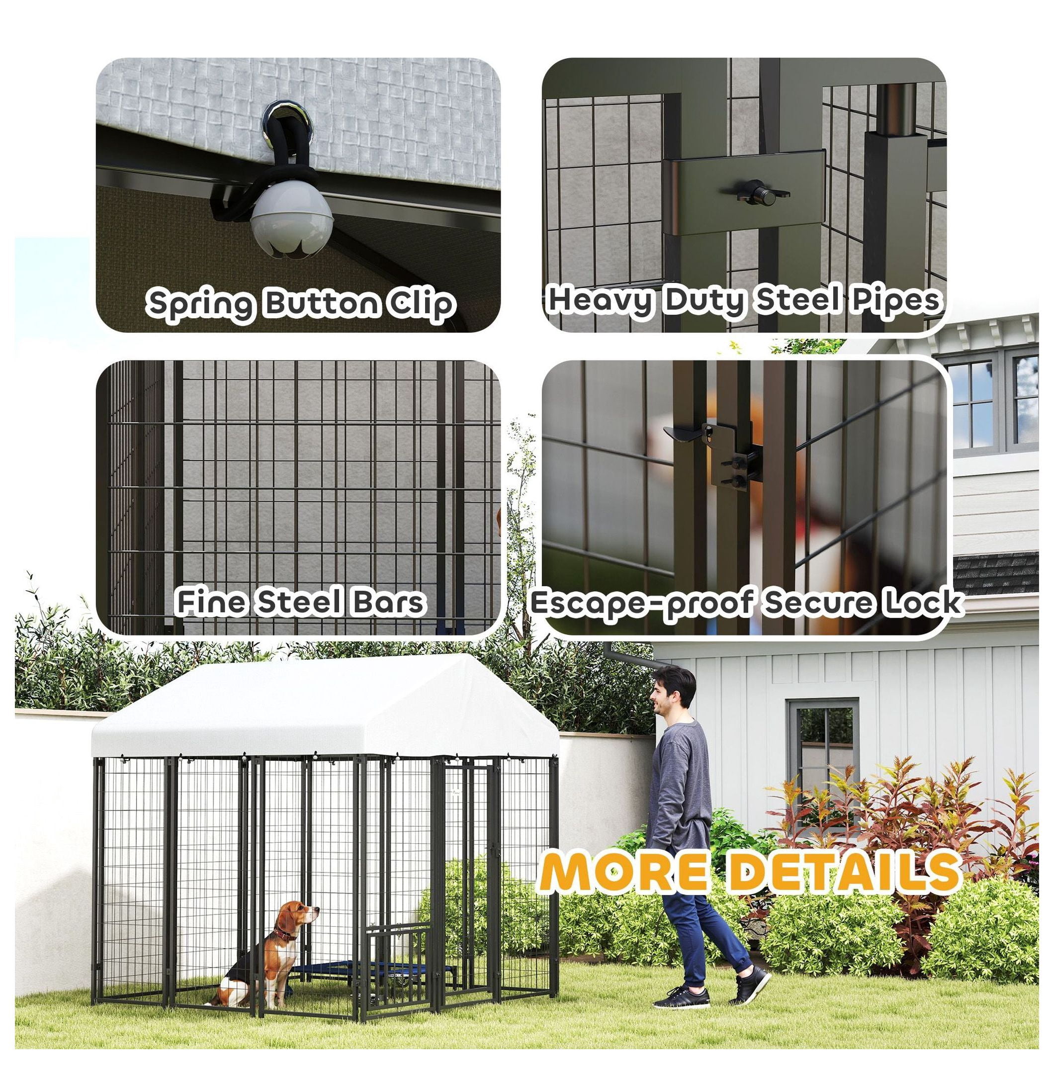 Outdoor Dog Kennel 5.9'x5.9'x6', Large Dog Run with Roof, Rotating Bowls & Adjustable Height Racks - Secure Pet Enclosure