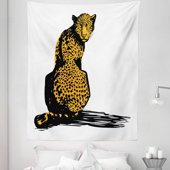 Wildlife Tapestry, Sketch Leopard Dangerous Carnivore Wildcat with Shadow, Fabric Wall Hanging Decor for Bedroom Living Room Dorm, 5 Sizes, Black White and Marigold, by Ambesonne