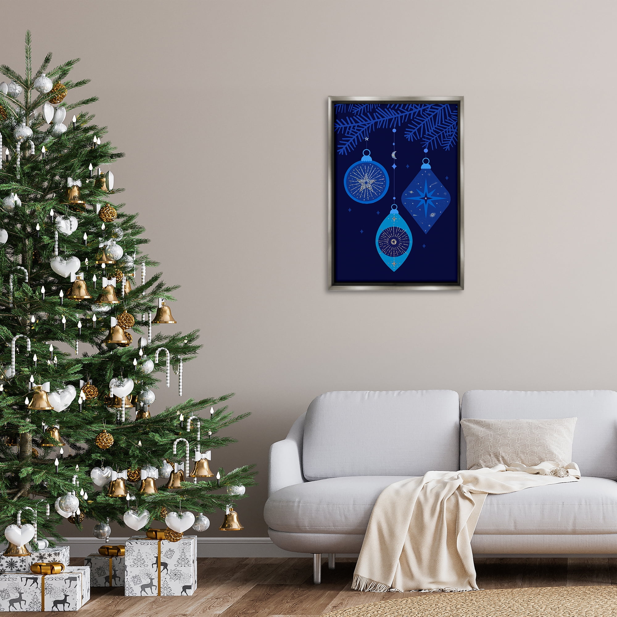 Stupell Industries Blue Hanging Ornaments Holiday Painting Gray Floater Framed Art Print Wall Art, 21 x 31