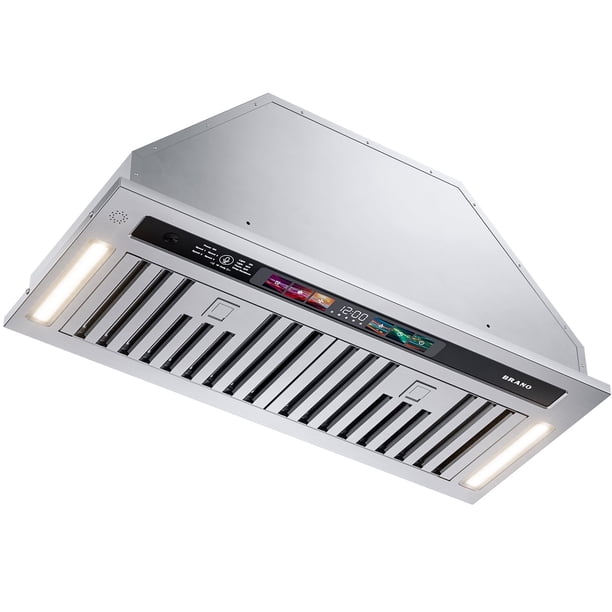 Campana empotrable 75 cm, 900 CFM, acero inoxidable, 4 velocidades, control por gestos y táctil, filtro de carbón, convertible con o sin ducto
