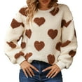thumbnail image 2 of Brown Womens Tops Teddy Sweatshirt Round Neck Long Sleeves Heart Printed Women Pullover Fall Outfits for Women 2025, 2 of 6