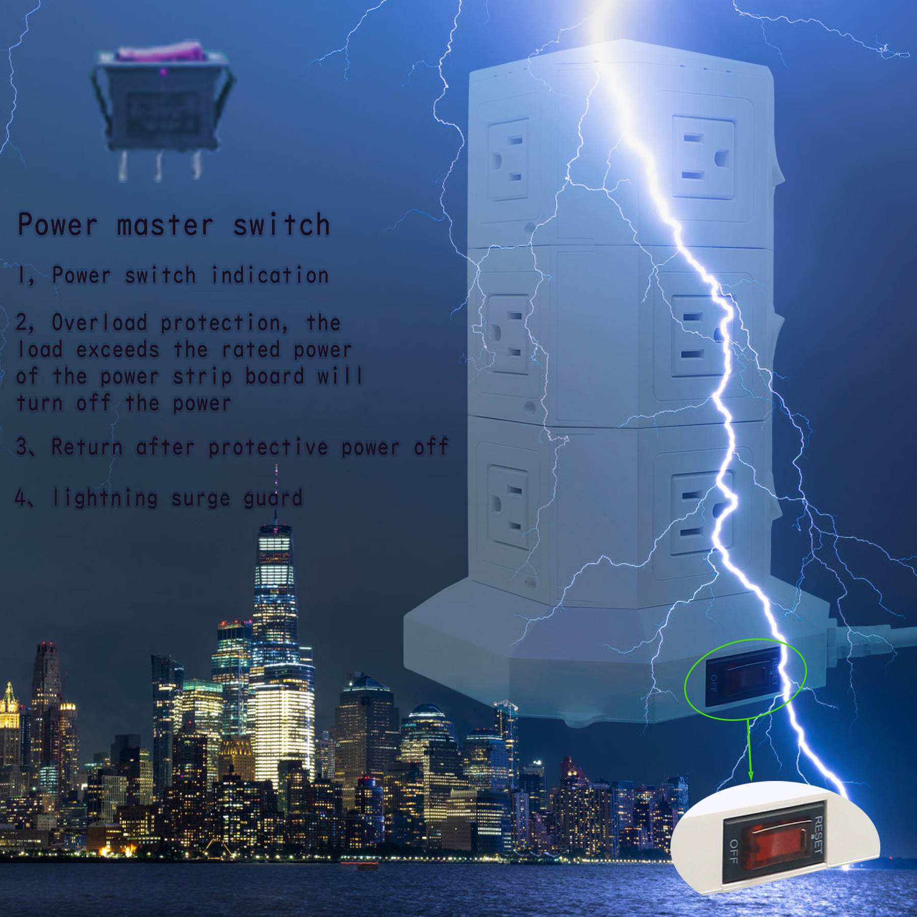 Powerjc Tower Power Strip Surge Protector 12 AC Outlets with 6 Ports USB Chargers 118 Inch Long Extension Cord Indoor White
