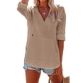thumbnail image 2 of Langwyqu Solid Color Long Sleeve Women V Neck Hooded Tops With Kangaroo Pocket, 2 of 5