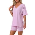 thumbnail image 4 of Pijamas para mujeres INSPIRE CHIC de 2 piezas, camiseta de cuello en V oversized, traje reversible de entrenamiento, camisetas, pantalones cortos de ciclista, conjunto de lounge S en rosa brillante, 4 of 5