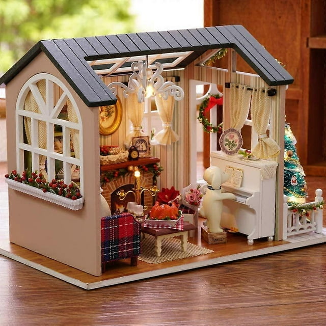 DIY Christmas Miniature Dollhouse Kit Realistic Mini 3D Wooden House Bedroom Crafts with Furniture LED Lights