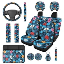 KUIFORTI Tropical Flower Automobile Seat Covers Set of 14 with Auto Center Console Armrest Pad Car Steering Wheel Cover Auto Seat Belt Cover Car Headrest Covers for Most Cars