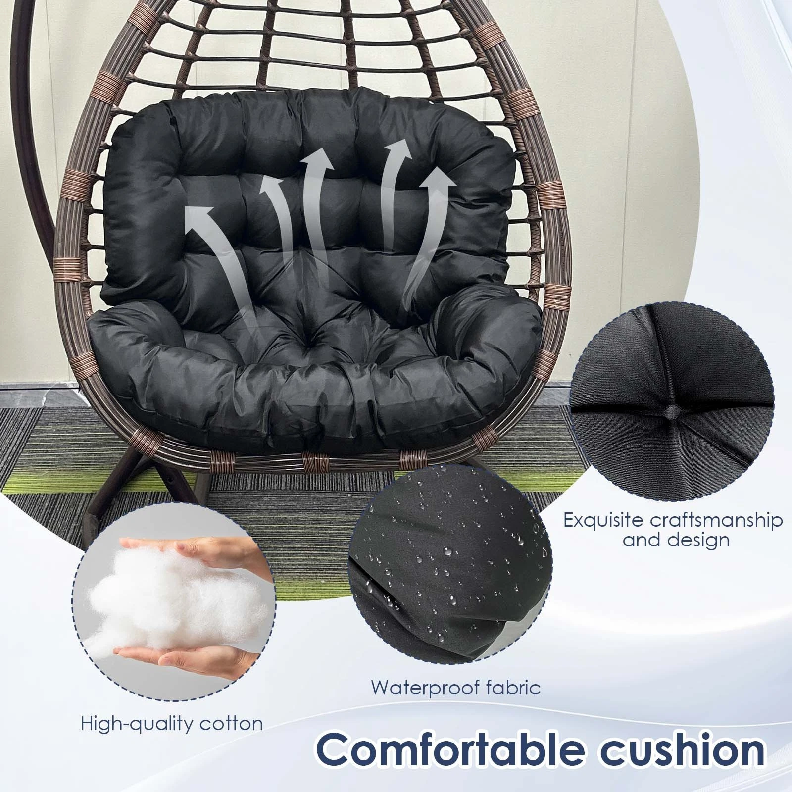 TOPCHANCES Egg Chair Cushion Only, Water-Resistant Outdoor Rocking Chair Cushion, Thick Papasan Seat Cushion with Ties for Patio, Porch, Balcony, Garden (Black)