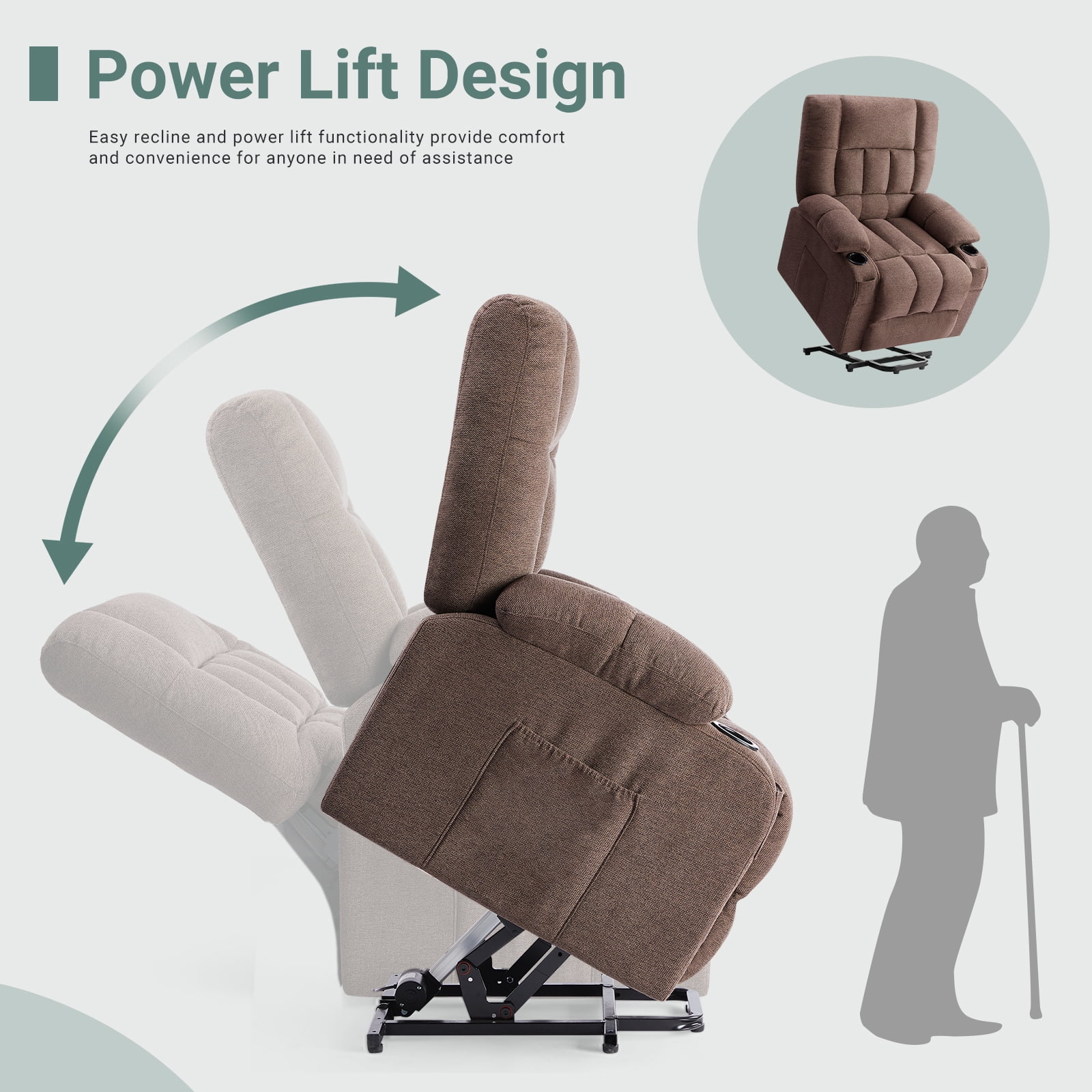 GIANNA Lift Recliner Chair for Elderly, With Massage and Heating, Lumbar Support, Remote Control, Brown
