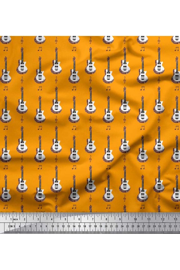 Viscose Chiffon Fabric Notes & Guitar Musical Instrument Decor Fabric Printed Yard 42 Inch Wide