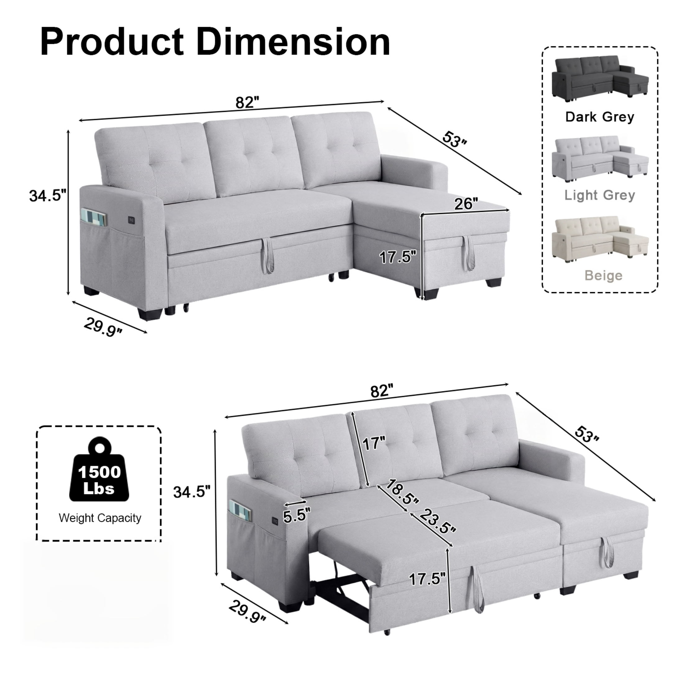 ShiKeyi 82" L Shaped Sleeper Sofa Bed, Sectional Sleeper Couch with Pull Out Bed, 3 Seat Convertible Sofa Bed with Storage Chaise, USB Charging Ports for Living Room, Light Gray Linen Fabric