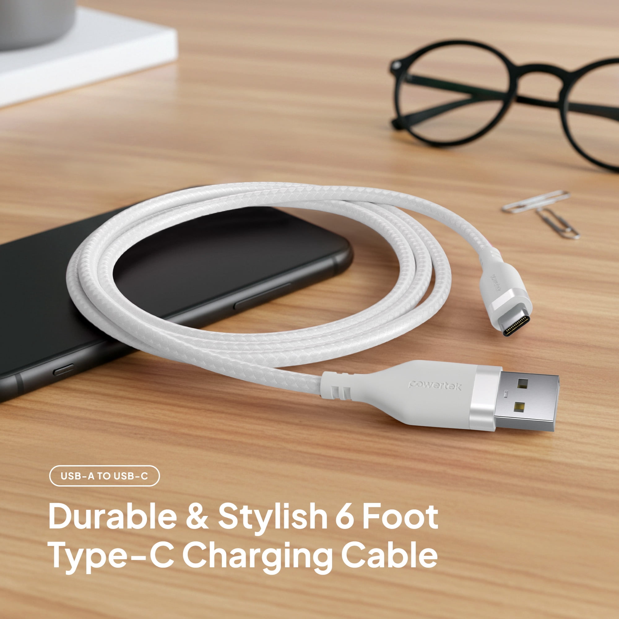 Powertek USB-A to USB-C (Type-C) Charging Cable, Carbon Design Texture, 6 ft, White