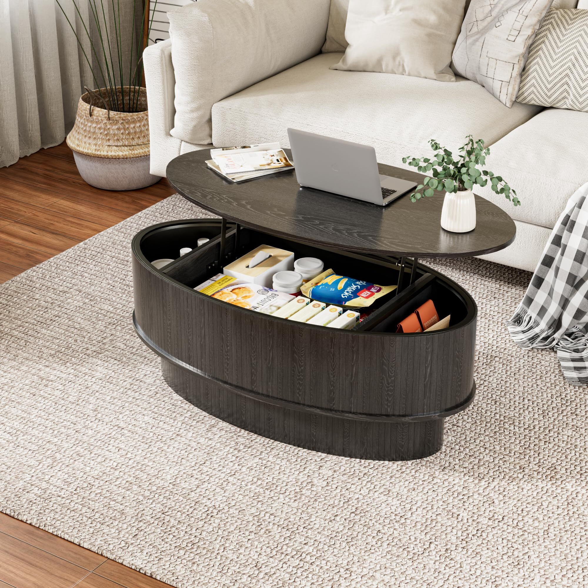 JEJEGORICH Oval Lift Top Coffee Table with Hidden Storage, 41 in Wooden Mid Century Modern Living Room Center Table, Black