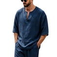 thumbnail image 5 of Mens Beach Shirts Linen 3/4 Sleeve Notch V-Neck Lightweight Breathable Summer Hawaiian Tops Fathers Gift, 5 of 6